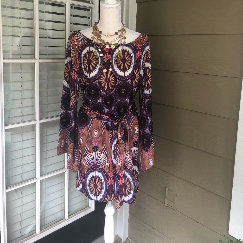 Purple Mod Print Bell Sleeve Dress